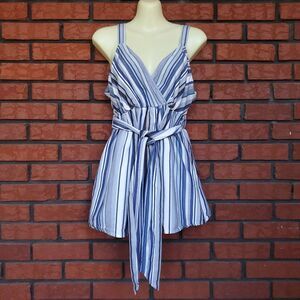 Motherhood Maternity Sleeveless Top Sz M Blue Striped Cotton Faux Wrap Belted